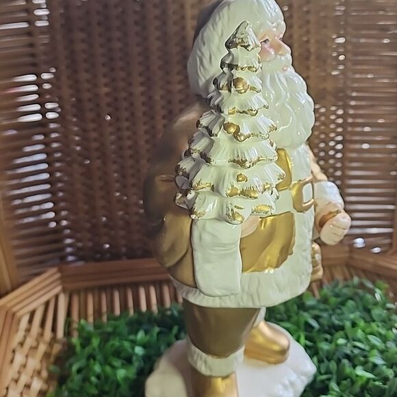Vintage Matte Gold Tone Santa With Tree & Bell - Picture 6 of 12
